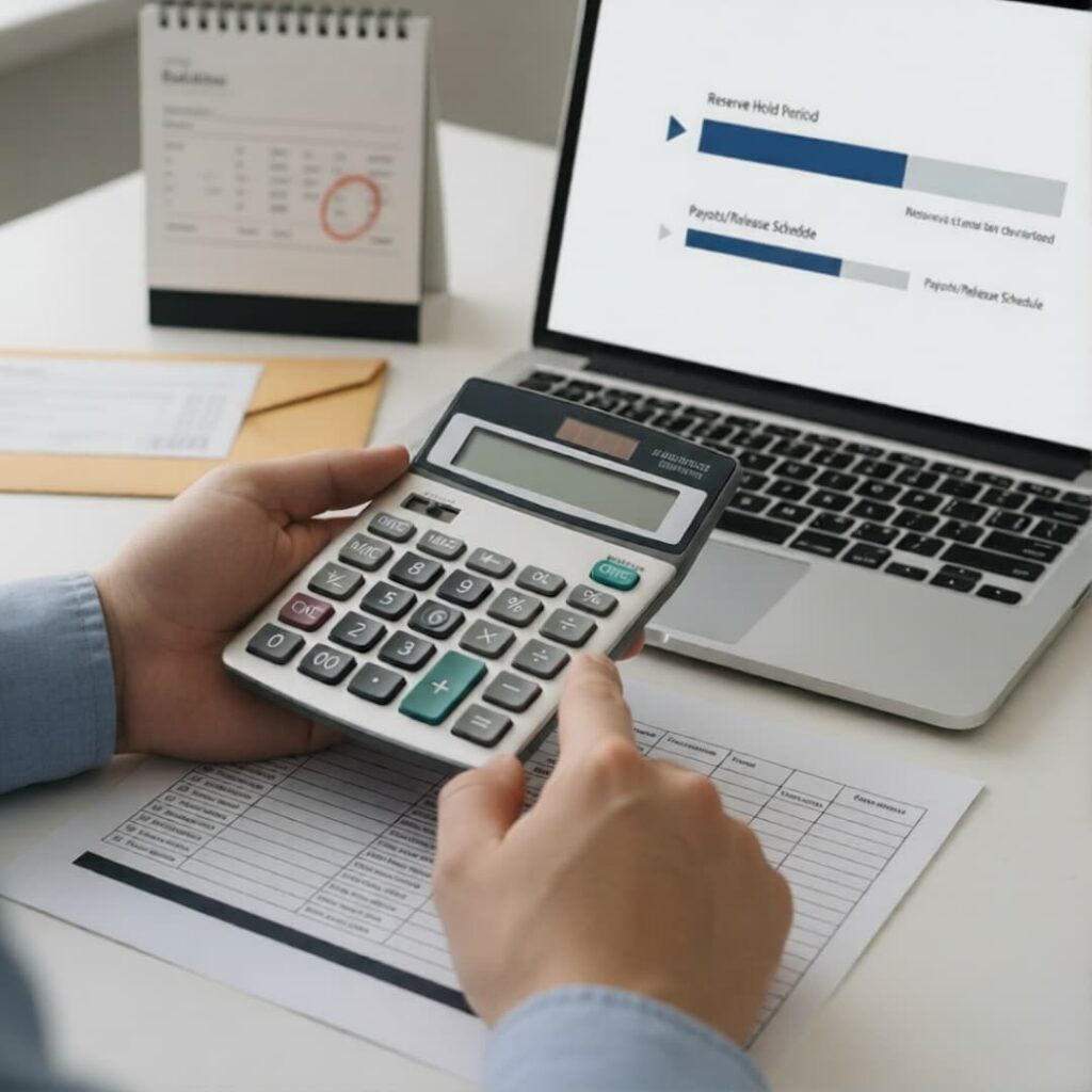 Rolling reserves for high-risk merchants explained with reserve hold period and payout release schedule on laptop