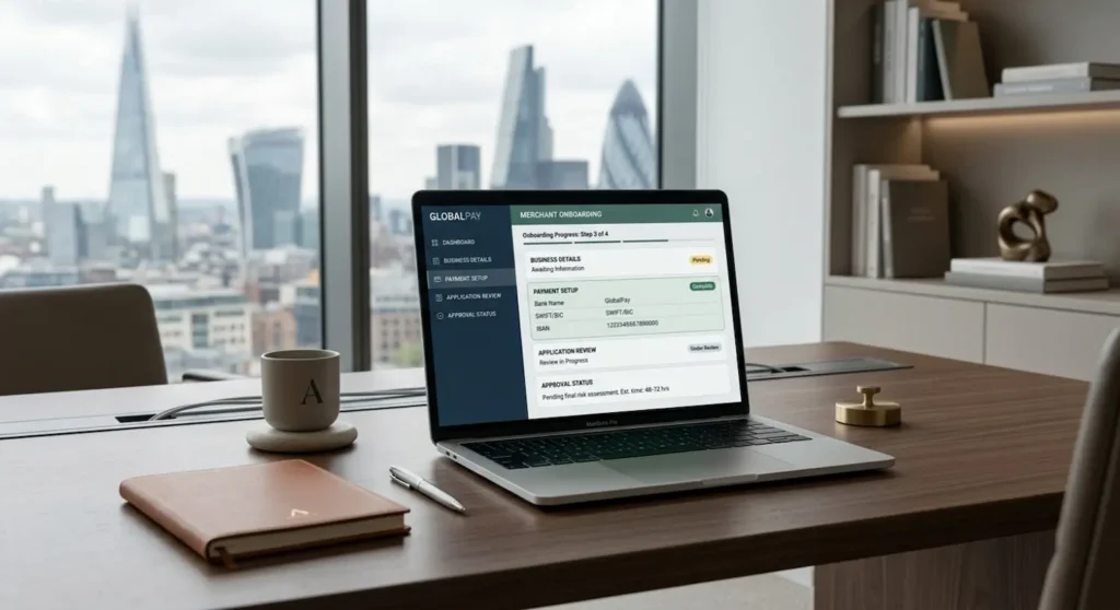 high-risk merchant account application dashboard on a laptop for an online business in a modern office