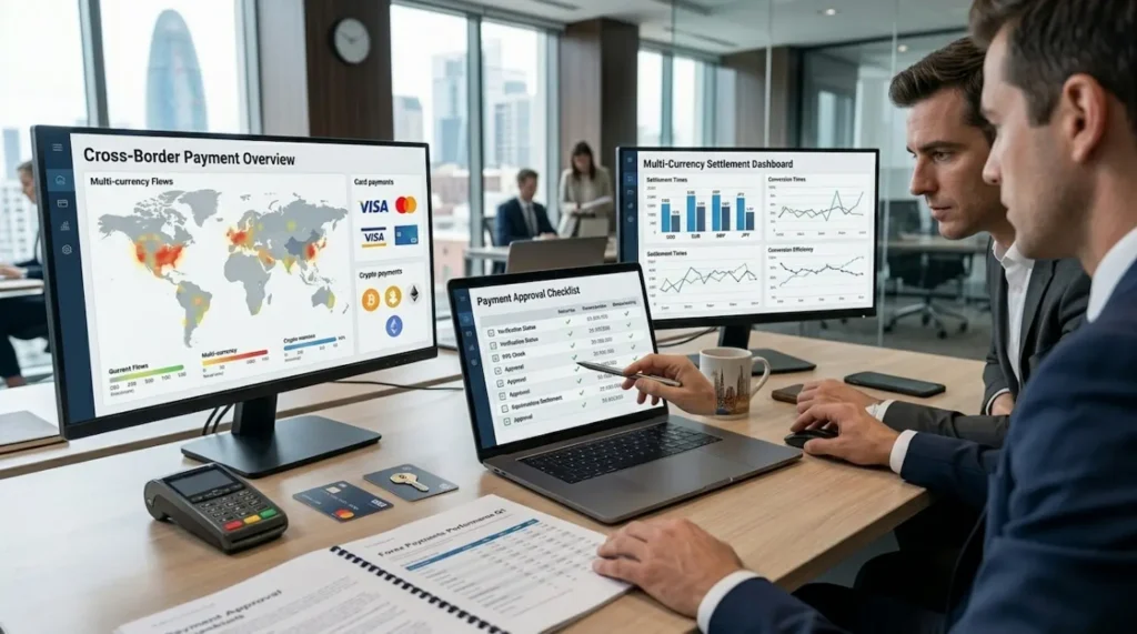 Payments review meeting for a high risk payment gateway for forex brokers with approval documents, card and crypto payment setup, and cross-border reporting