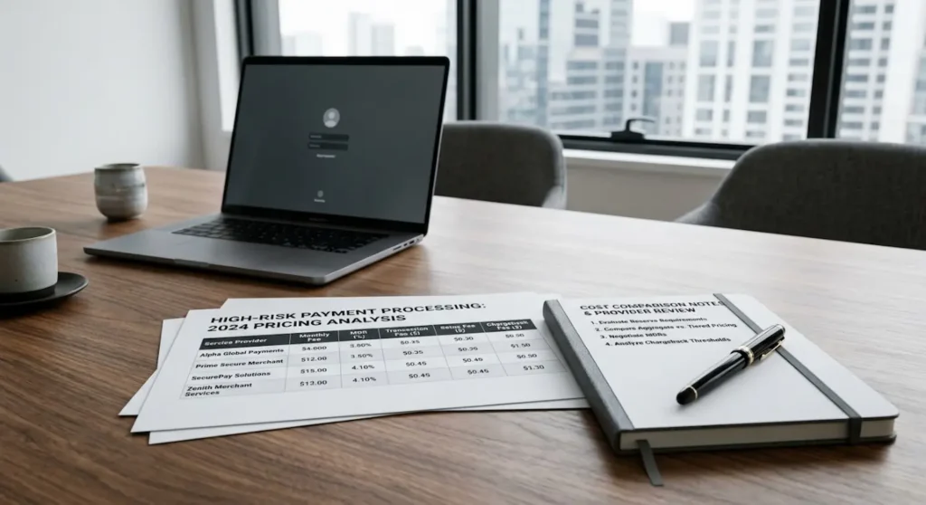 High risk payment processing fees comparison shown through pricing documents and laptop on a meeting table
