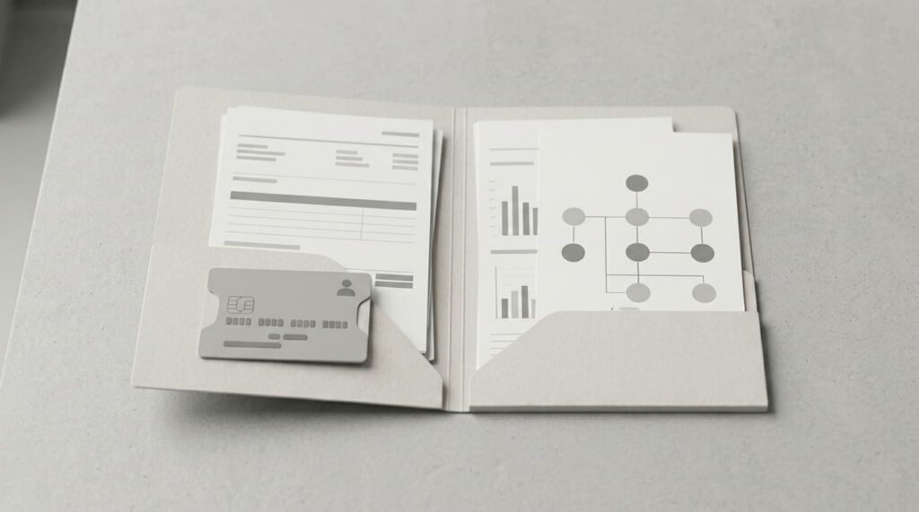 High risk merchant account application checklist documents organized in a folder with an ID card and ownership structure chart for high-risk onboarding.