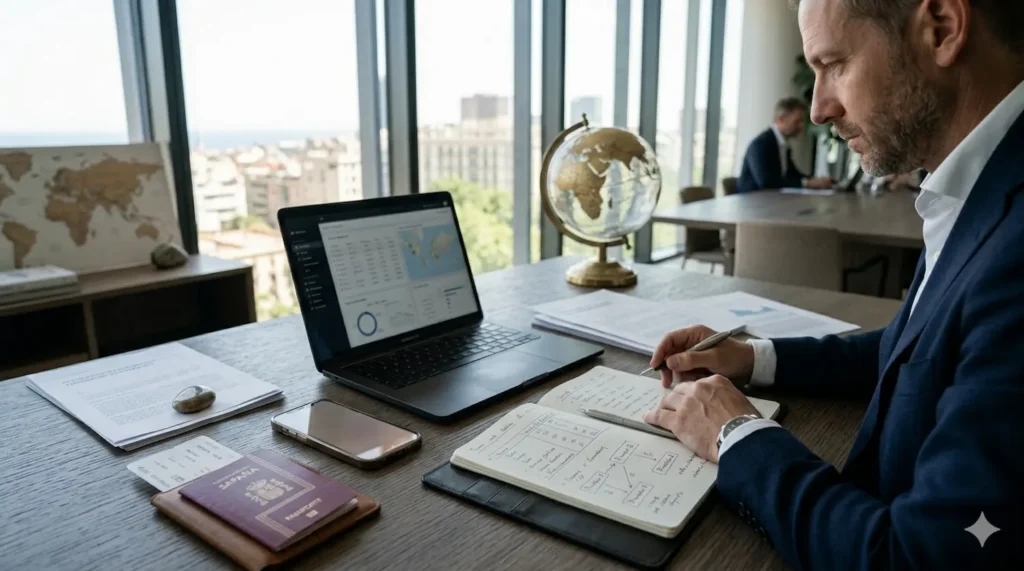 Modern international workspace illustrating global operations around a crypto friendly payment processor for high-risk businesses