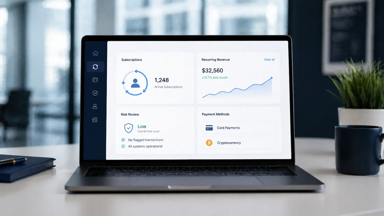 Recurring payment gateway flow with risk monitoring and merchant settlement for high-risk subscription businesses