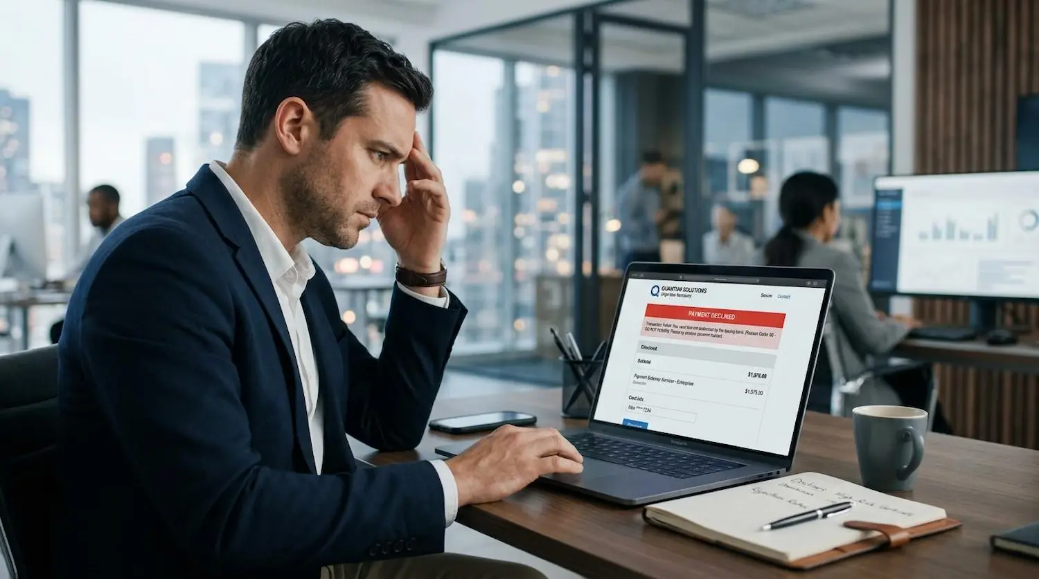 Online merchant reviewing a payment declined message in a high-risk business checkout flow