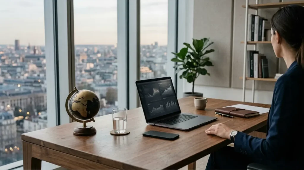 Modern workspace representing global operations and cross-border payments using a payment processor for crypto