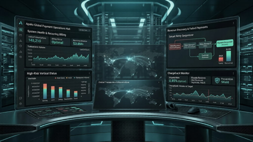 Recurring billing for high risk businesses dashboard showing failed payment recovery, chargeback monitoring and global transaction flows