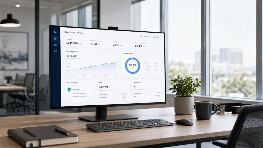 Best payment gateway for high-risk subscription businesses dashboard in a modern office