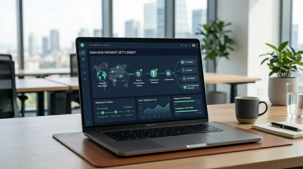 USDT payment gateway for high-risk businesses showing stablecoin settlement and cross-border payment flow