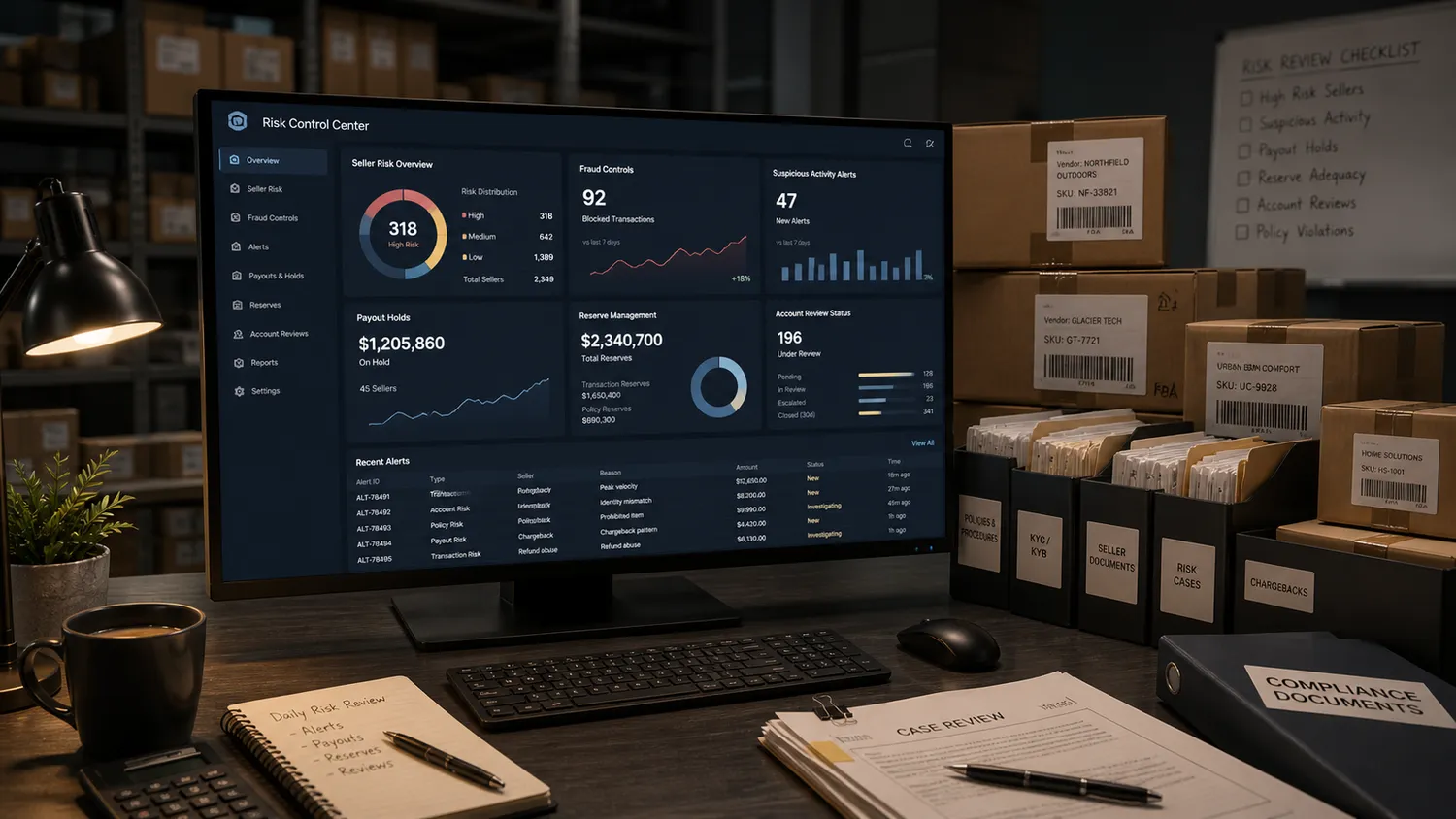 High-risk marketplace payments risk control center with fraud monitoring and chargeback metrics