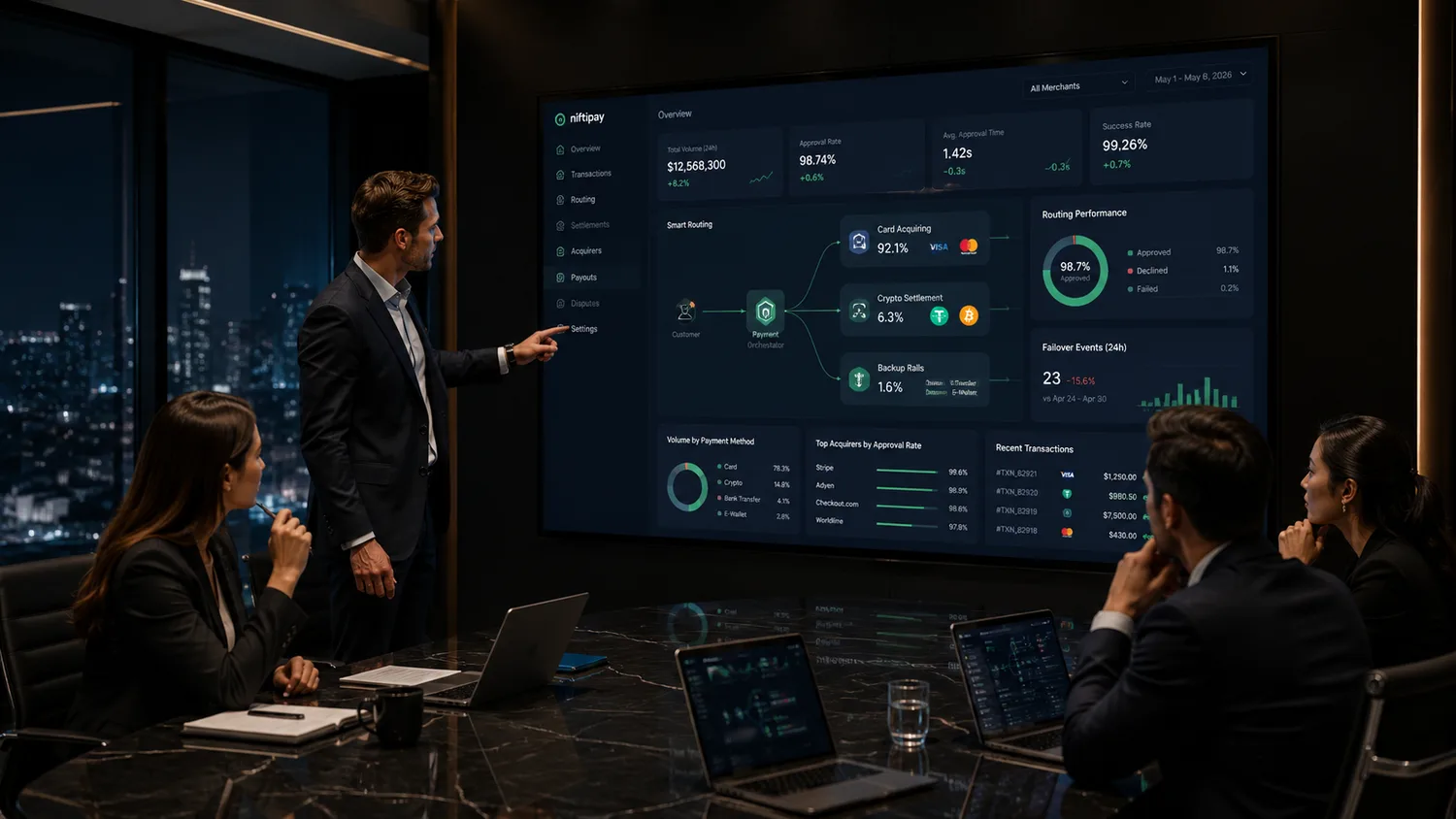 High-risk payment routing strategy with backup payment rails on a control dashboard