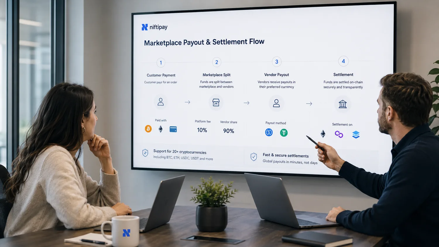 Marketplace payouts in crypto with automated vendor settlement workflow