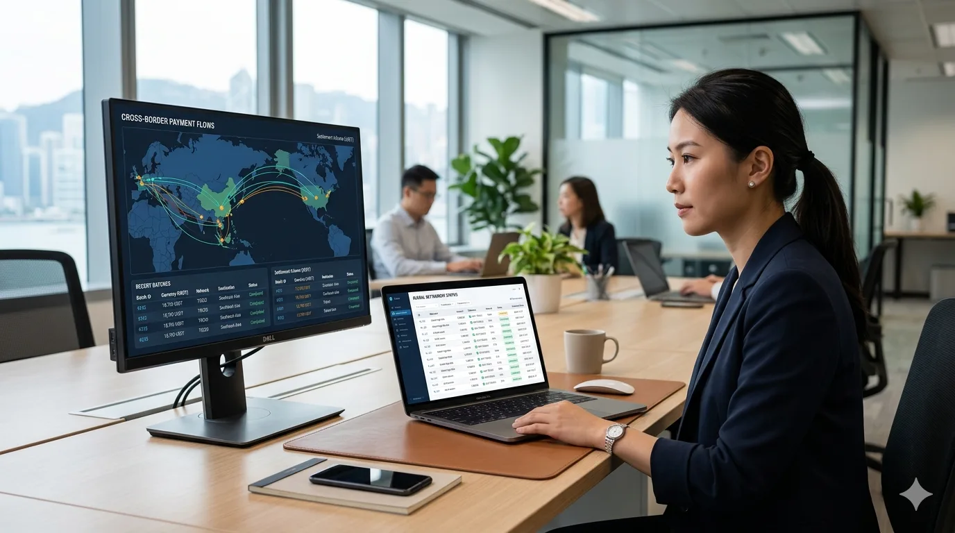 Treasury analyst monitoring stablecoin settlement for high-risk merchants on a global dashboard