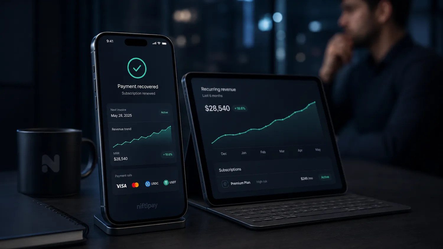 Subscription payment gateway with crypto backup processing for high-risk merchants