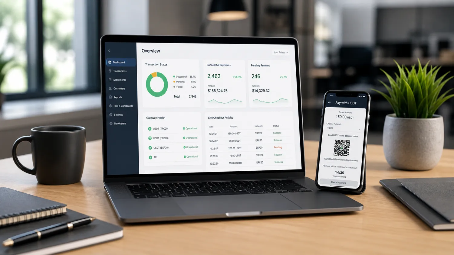 USDT payment processor dashboard with settlement overview and a Pay with USDT QR checkout on a phone