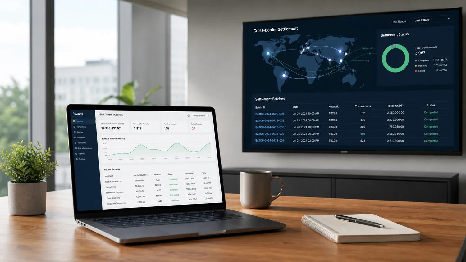 USDT settlement dashboard showing cross-border crypto payouts for businesses