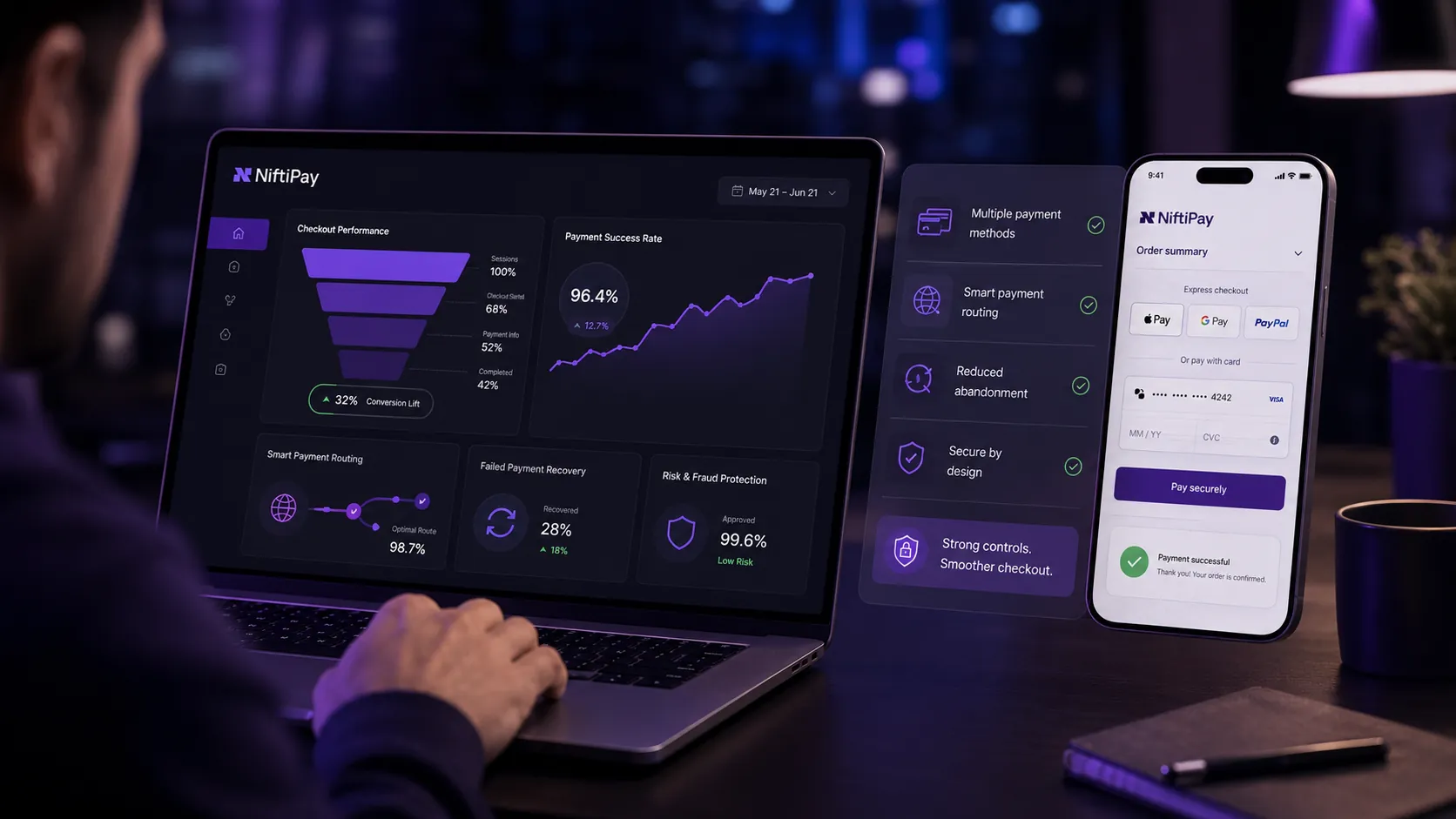 Checkout performance dashboard for high-risk checkout conversion showing reduced payment abandonment