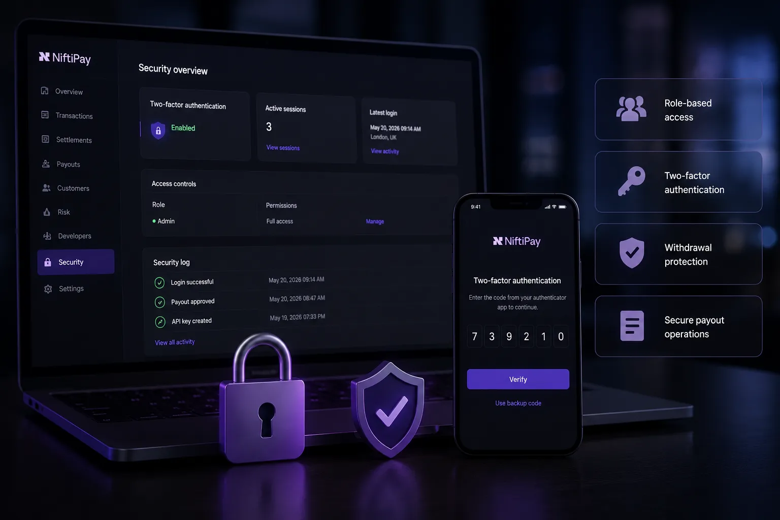 Merchant account security overview with role-based access, two-factor authentication, withdrawal protection and secure payout operations