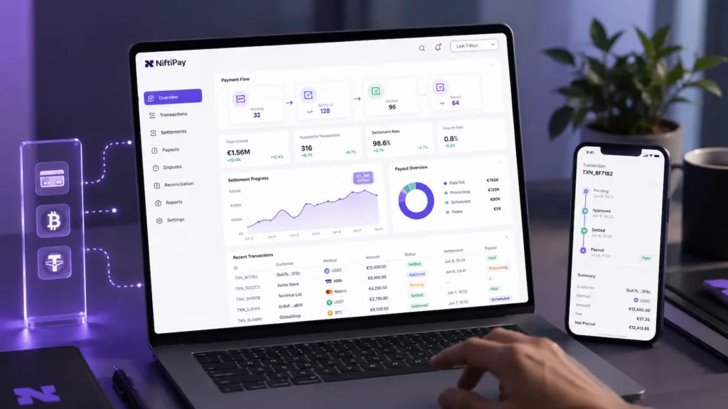 Payment settlement workflow dashboard showing transaction status, payout visibility and settlement tracking for complex merchants.