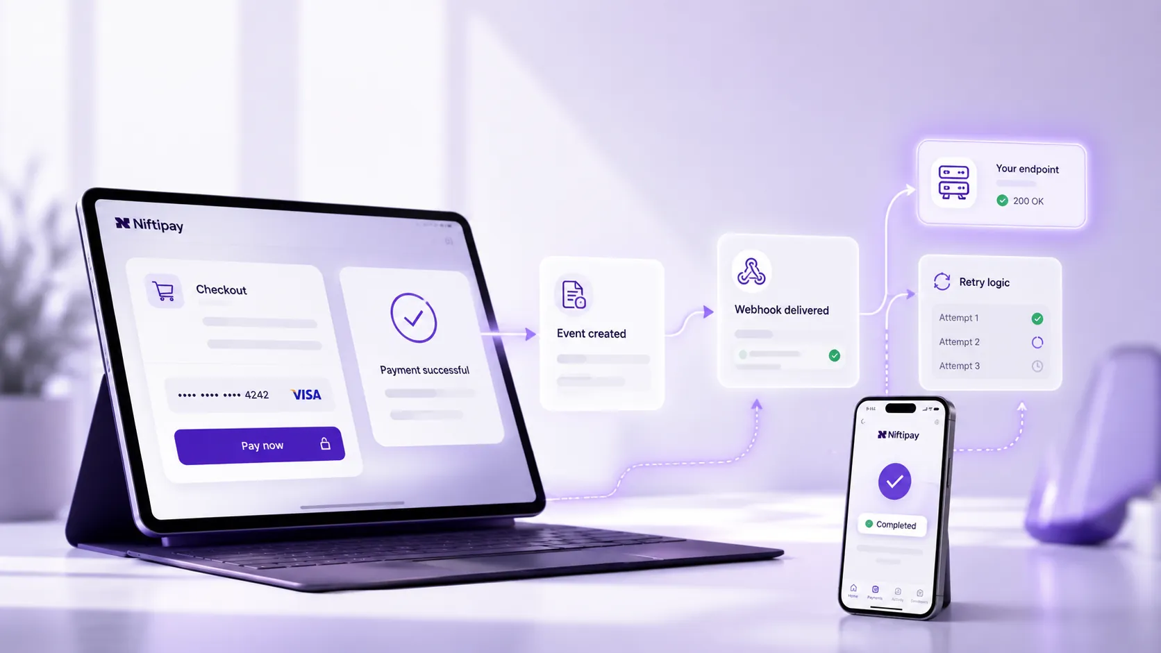 Payment webhook event flow from checkout to event creation, webhook delivery, endpoint and retry