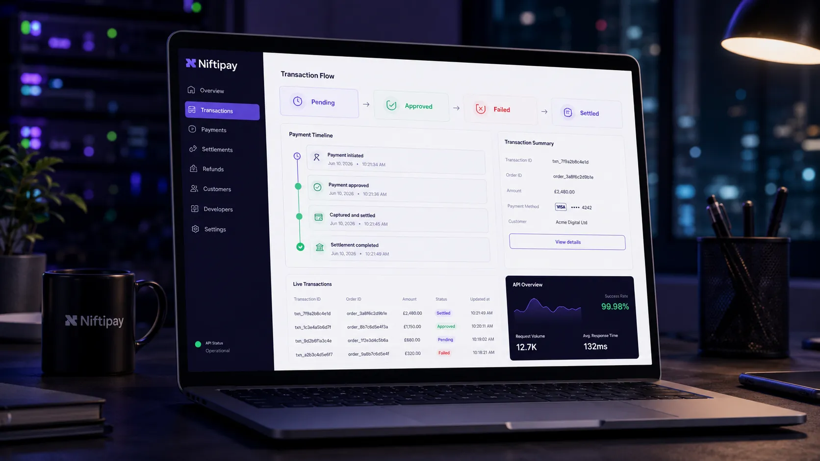 Niftipay transaction flow tracking a payment from pending through approved, failed and settled