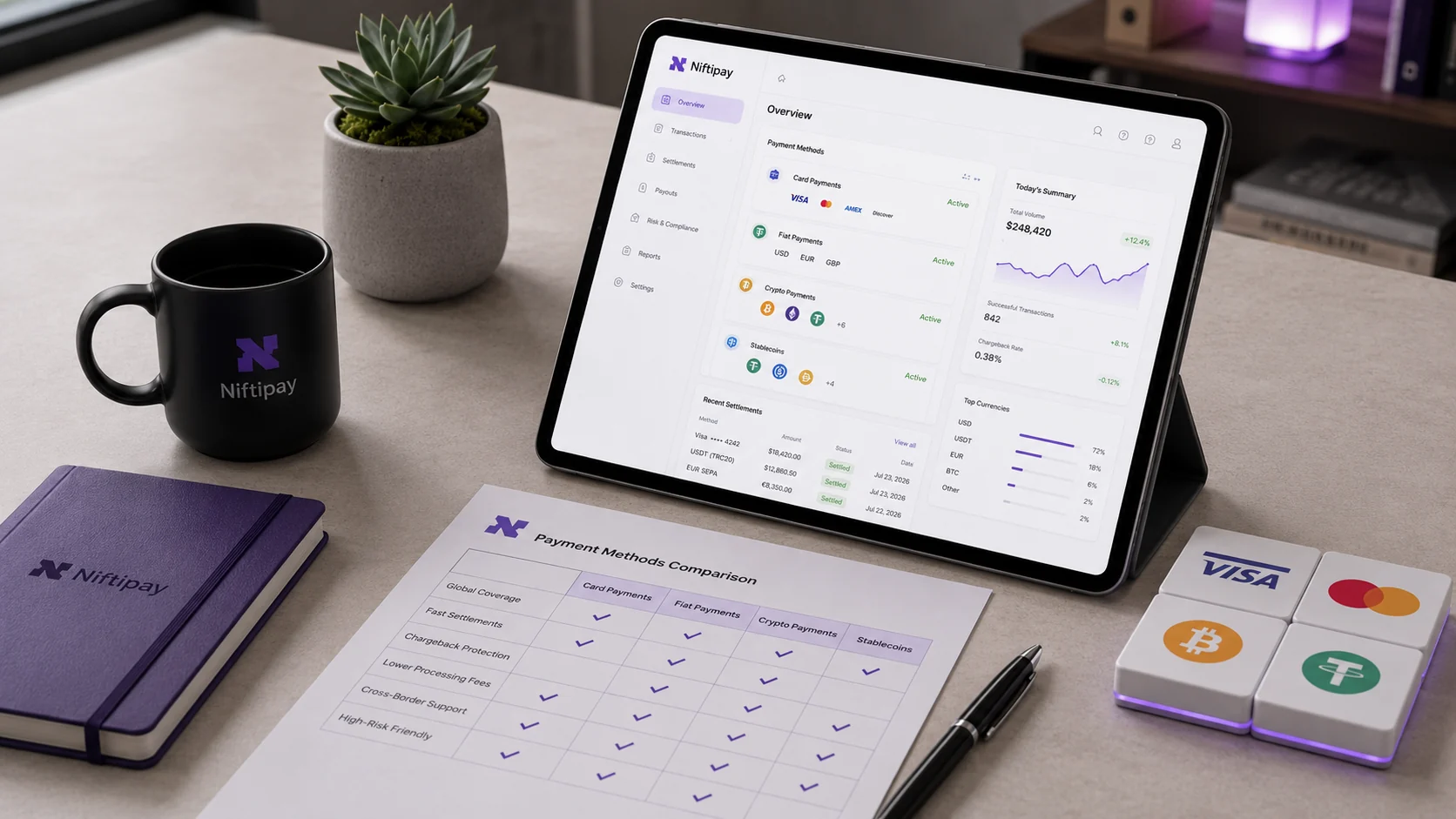 Dashboard comparing card, fiat, crypto and stablecoin payments by coverage, settlement speed and chargeback protection