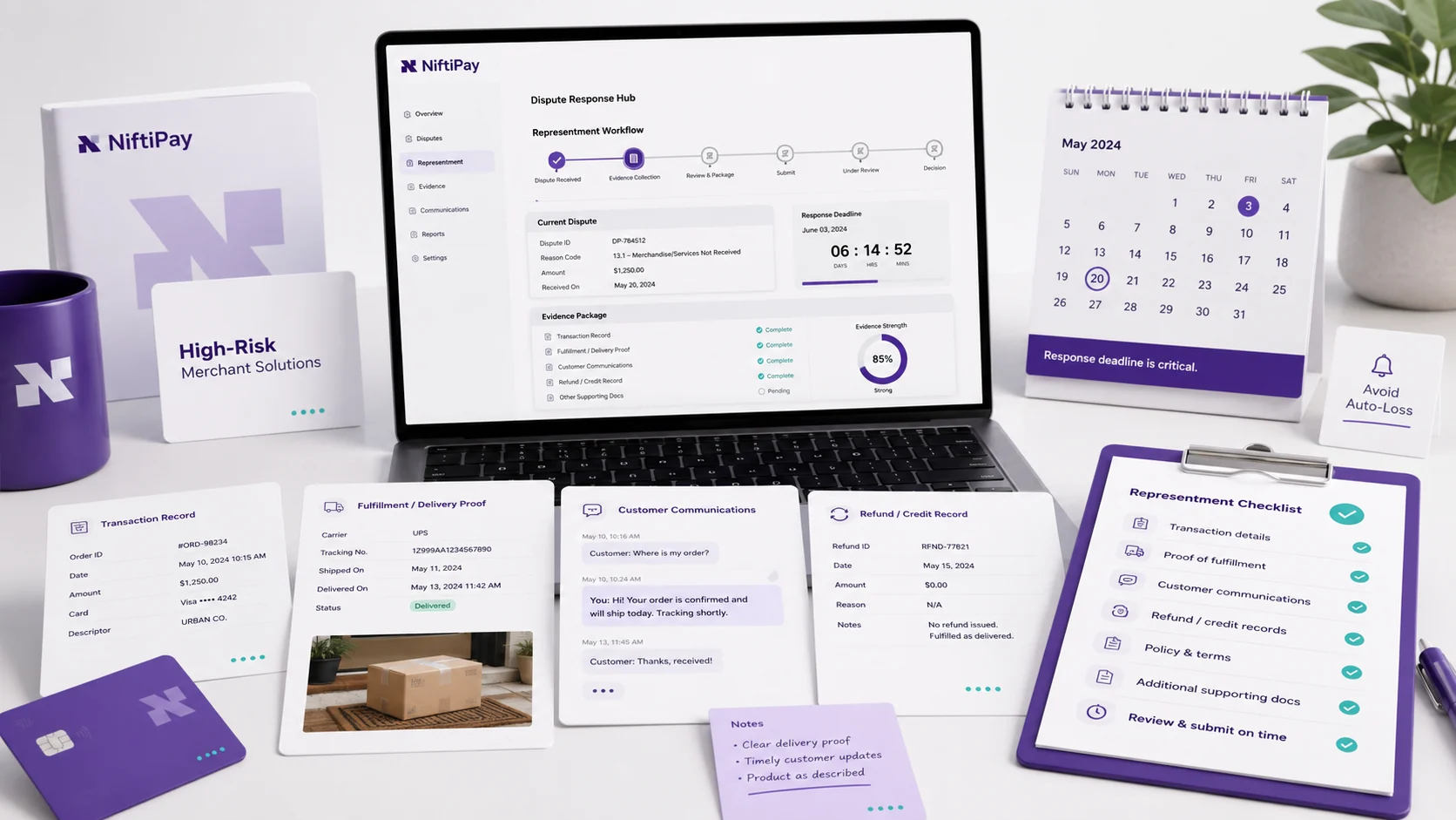 Chargeback evidence package with transaction records, fulfilment proof and representment workflow steps