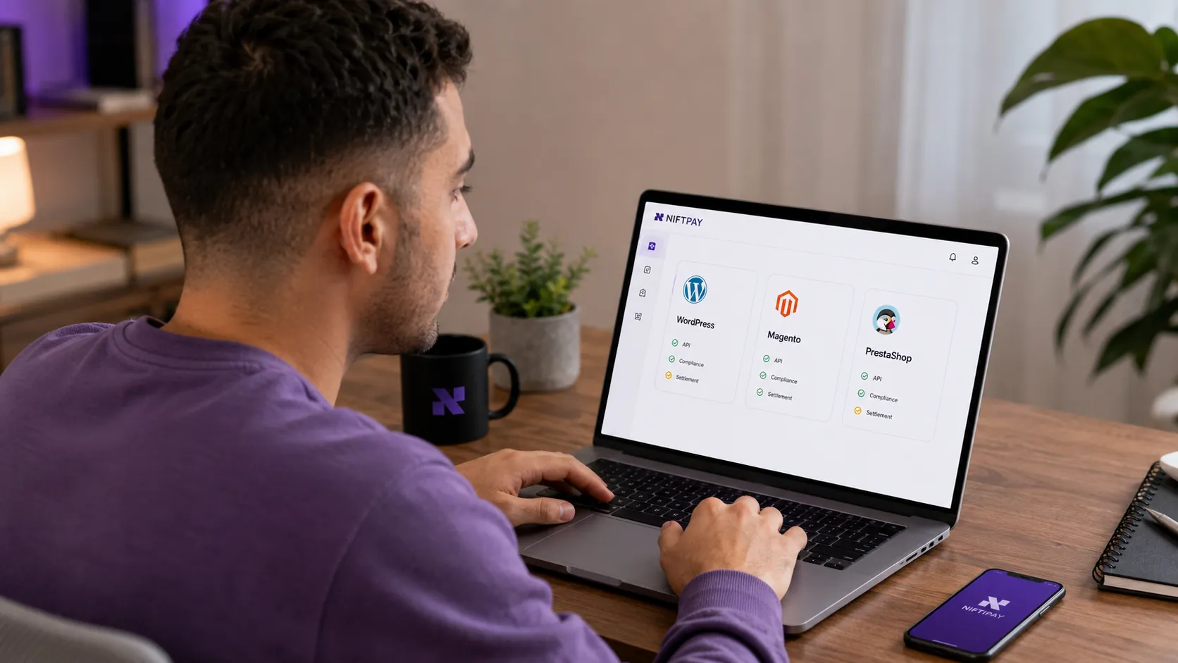 Merchant reviewing a Niftipay dashboard comparing WordPress, Magento and PrestaShop by API, compliance and settlement.