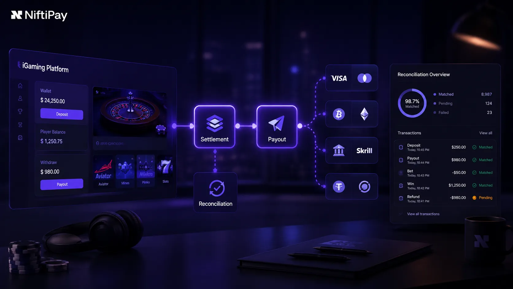 Settlement, payout and reconciliation flow for an iGaming payment platform