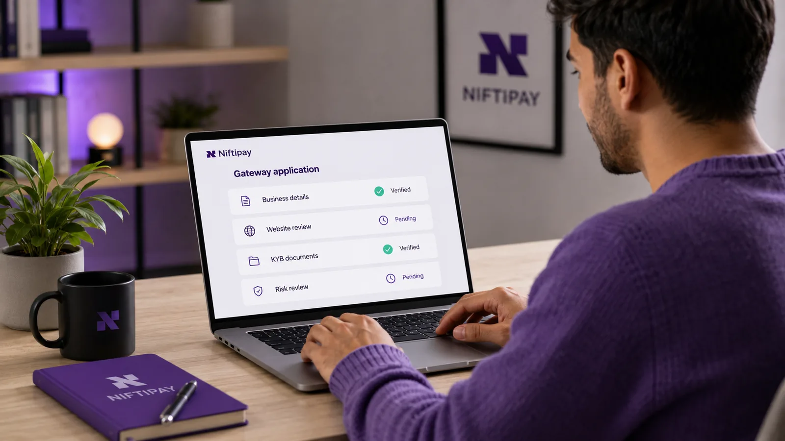 Merchant reviewing a gateway application screen with verified and pending onboarding checks