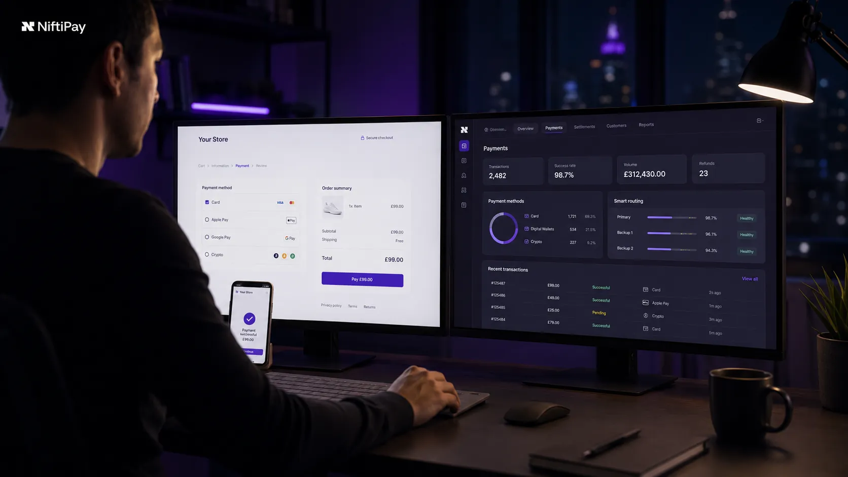 Payment gateway for existing websites: merchant dashboard showing card, crypto and alternative payment routing