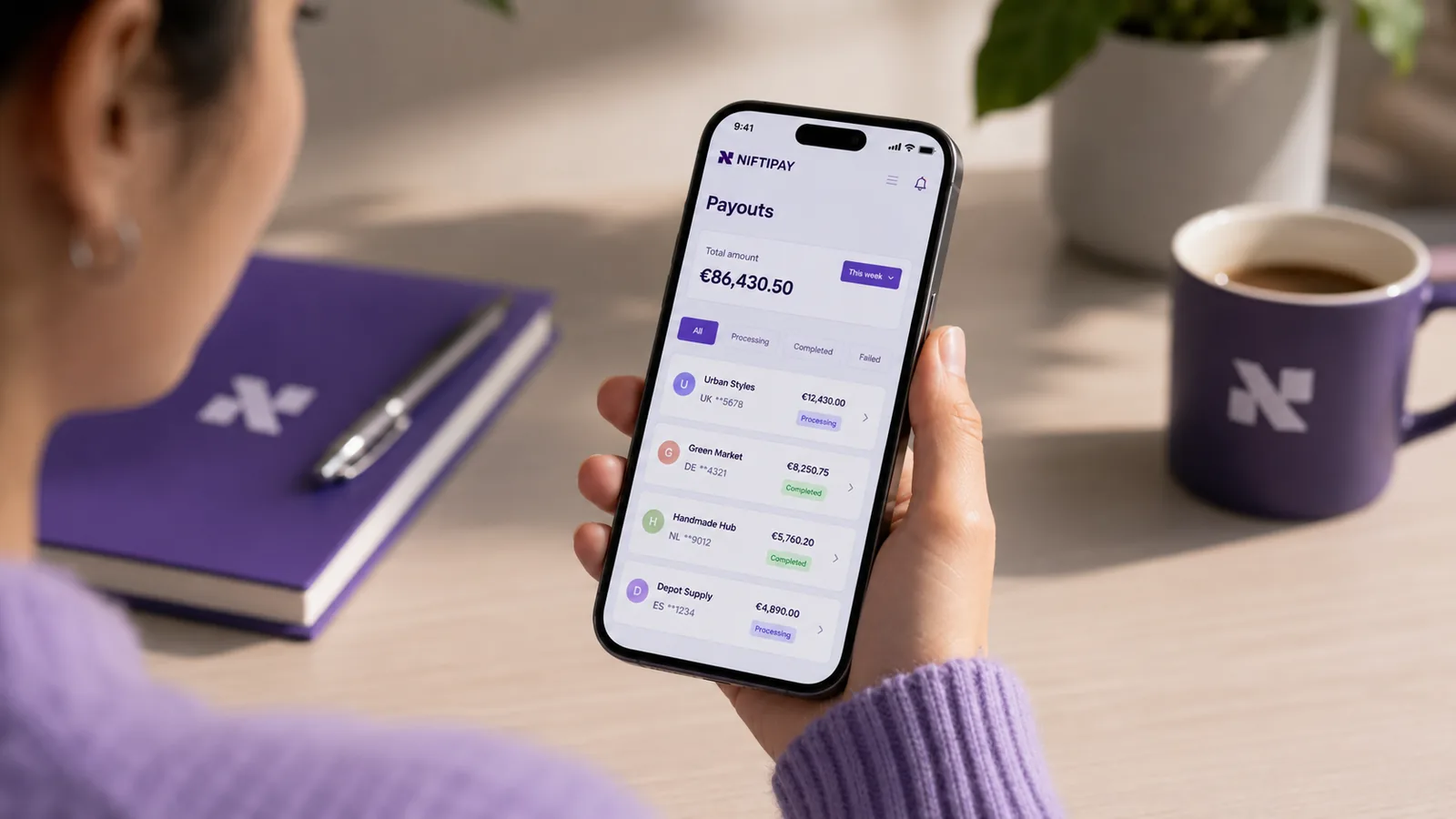 Niftipay Payouts screen showing vendor payouts to marketplace sellers with amounts and status