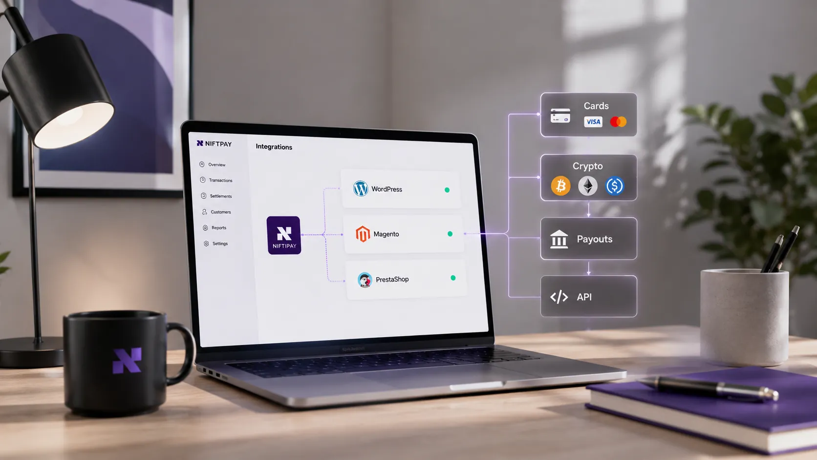 Laptop showing a Niftipay diagram linking WordPress, Magento and PrestaShop to card, crypto, payout and API services.