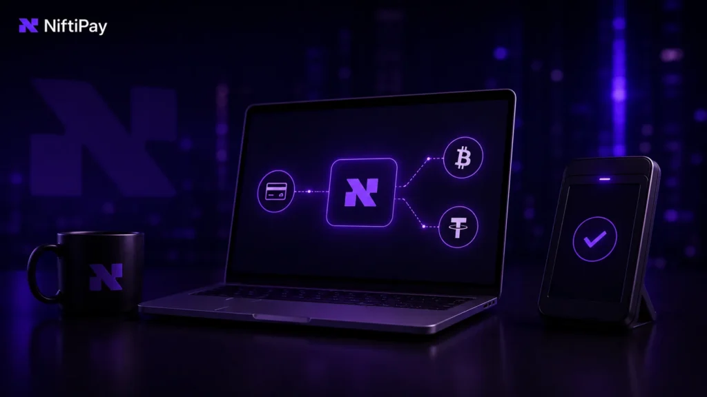 Niftipay routing card, Bitcoin and stablecoin payments through one high-risk payment gateway to a POS terminal