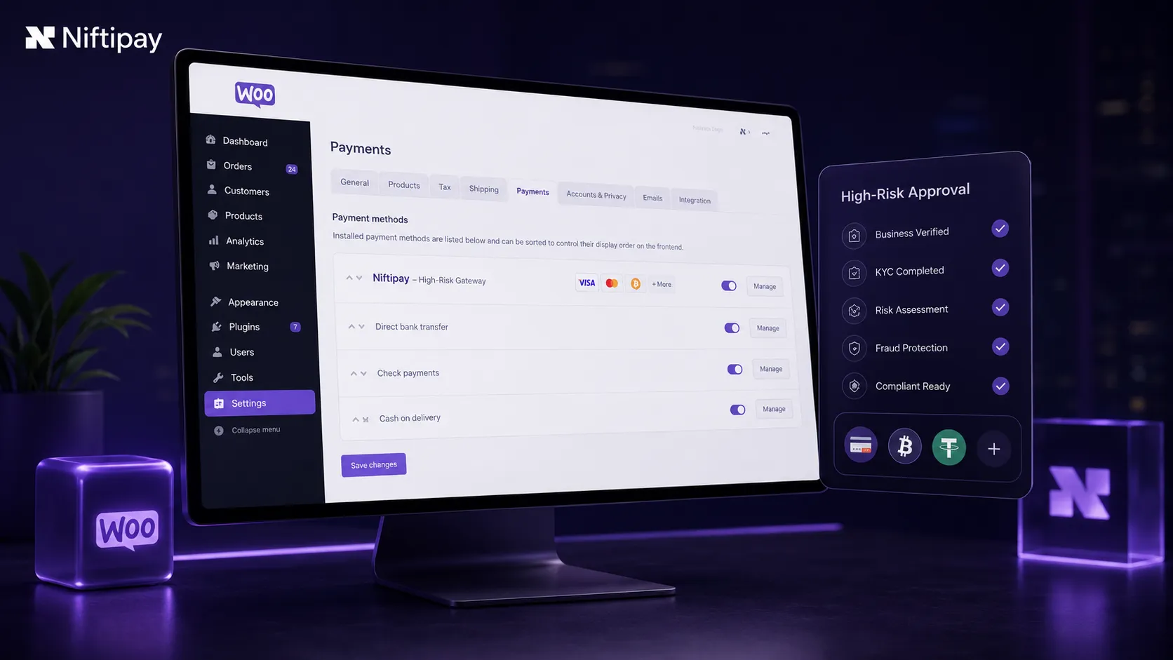 Merchant reviewing WooCommerce admin payment settings with a high-risk gateway approval checklist