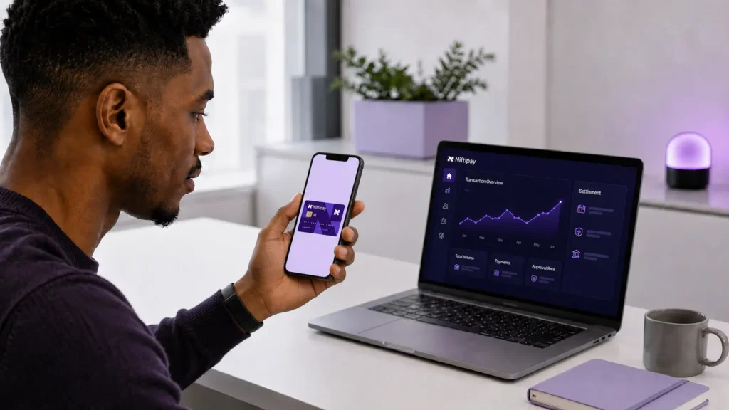 Business user viewing a Niftipay virtual card alongside the Niftipay spending dashboard