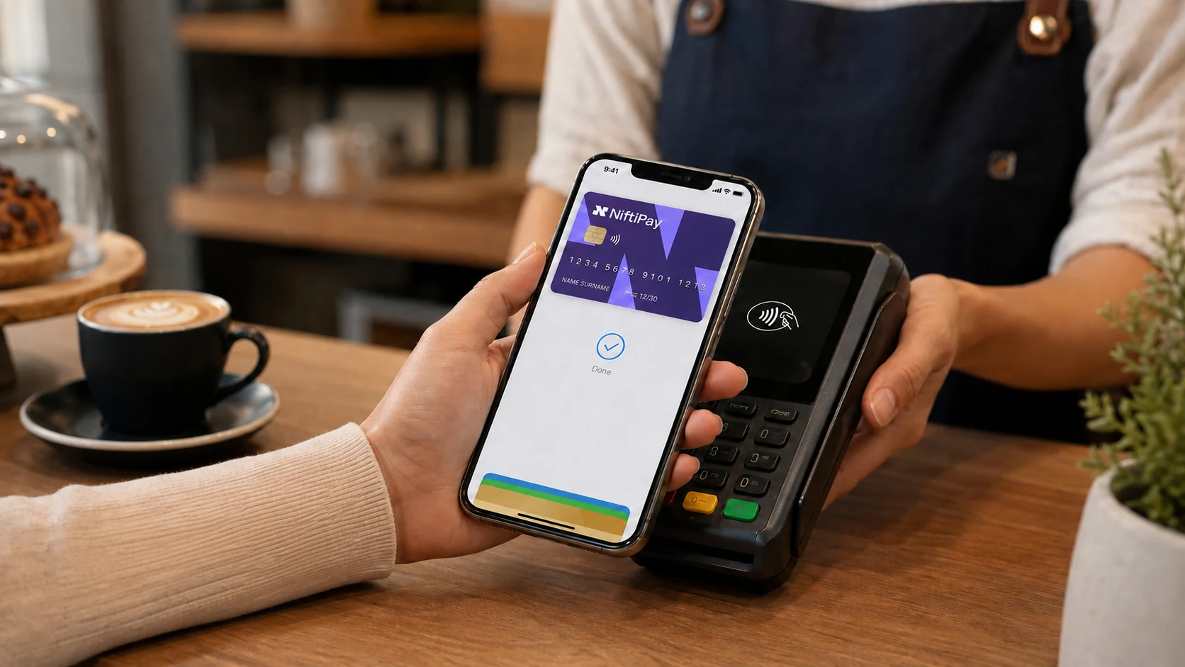 Customer making a contactless payment with Niftipay Card on a mobile phone