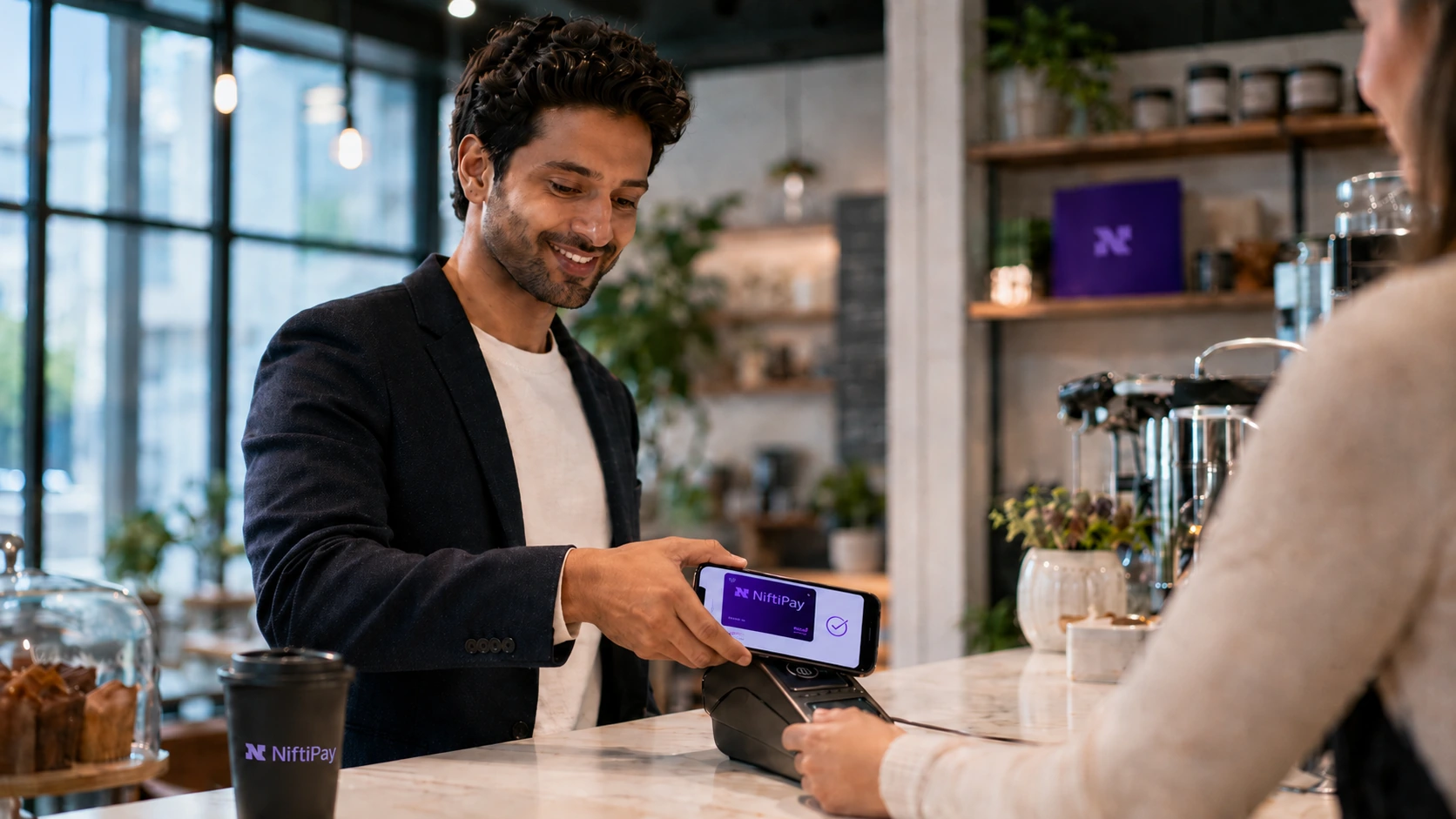Customer making a contactless payment with a Niftipay virtual card on a mobile phone