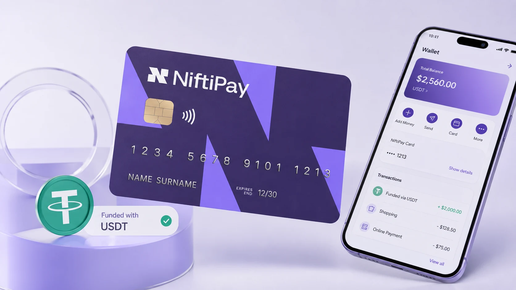 Niftipay Card funded with USDT alongside a mobile wallet showing the card balance