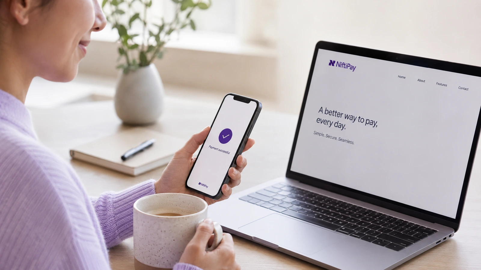 Secure Niftipay payment confirmation displayed beside a merchant laptop