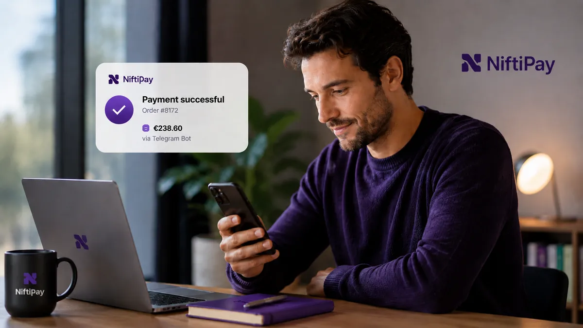 Merchant checking a phone as a Niftipay notification confirms a successful order payment made via a Telegram bot