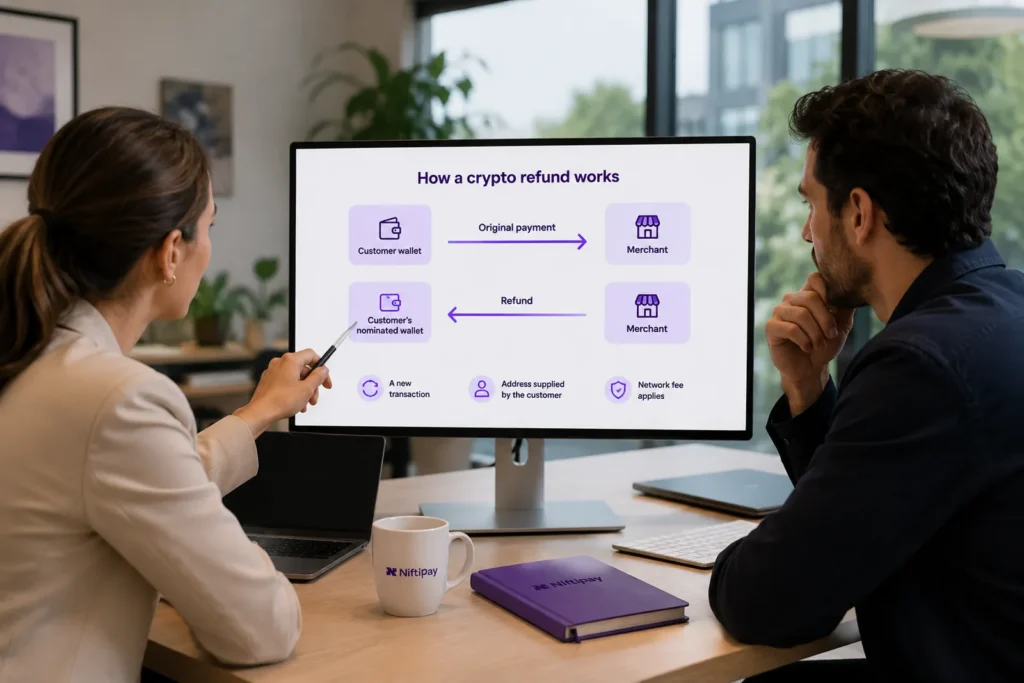 Diagram of a crypto refund travelling from the merchant to the customer's nominated wallet