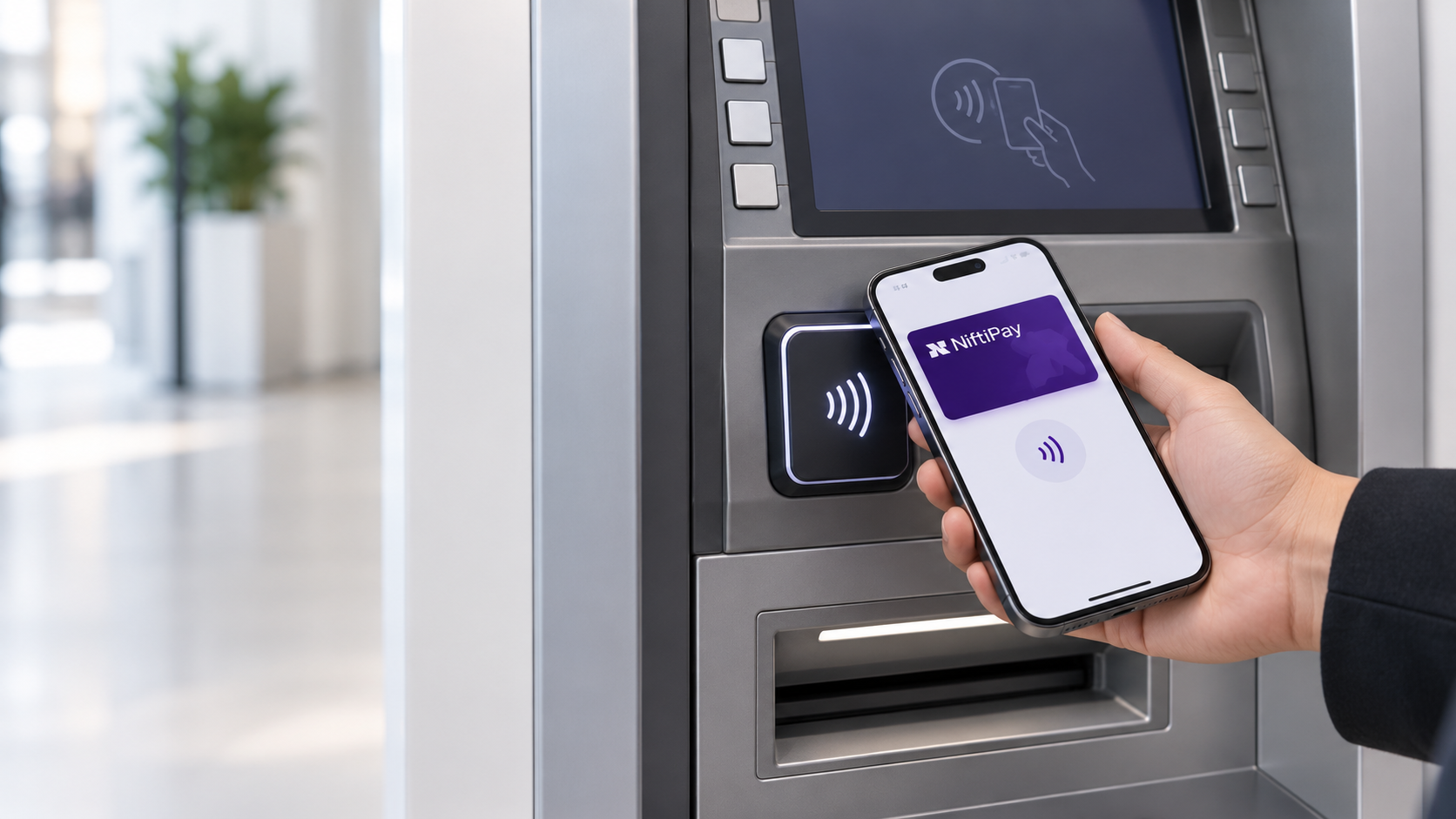 Niftipay virtual crypto card being used through a smartphone at a contactless ATM