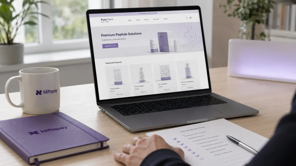 Laptop showing a peptide storefront beside a printed underwriting review checklist