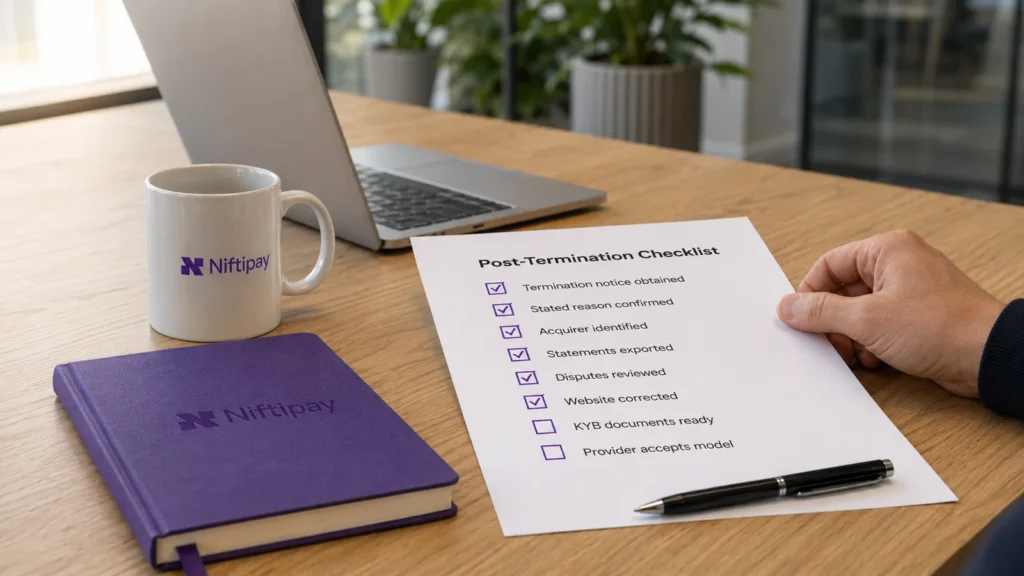 Printed post-termination checklist on a desk with six of eight preparation steps ticked off