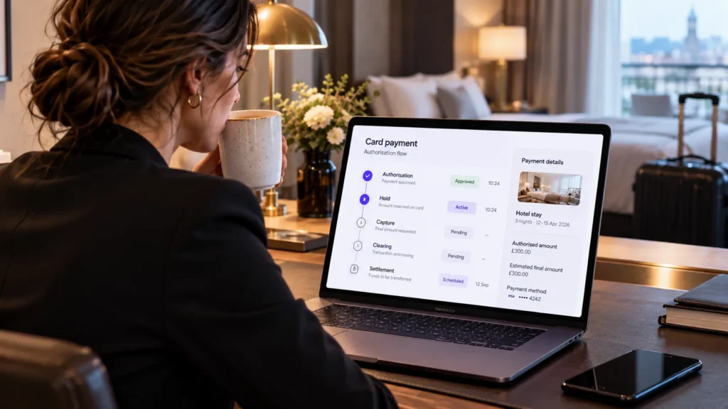 Card payment timeline for a hotel stay: authorisation approved, hold active, then capture, clearing and settlement pending