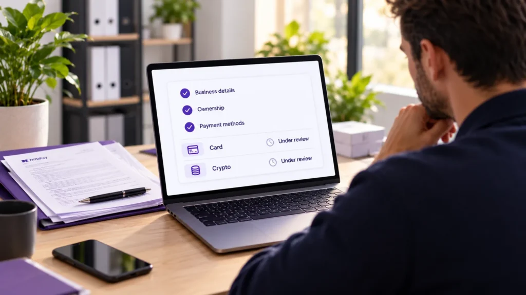 Merchant reviewing business verification before card and crypto payments for peptide businesses are enabled