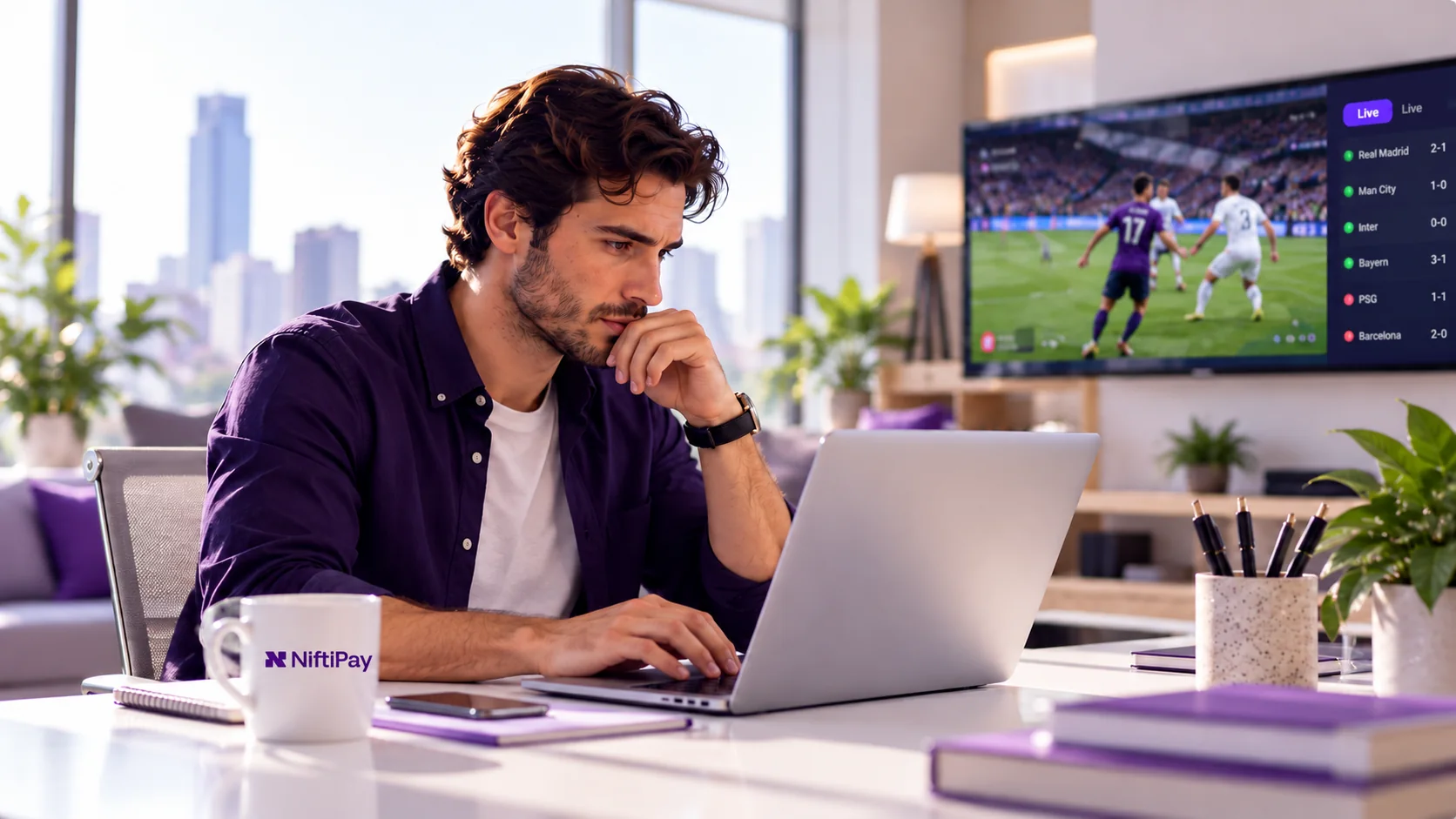 iGaming operator working on a laptop with live sports betting information displayed in the background