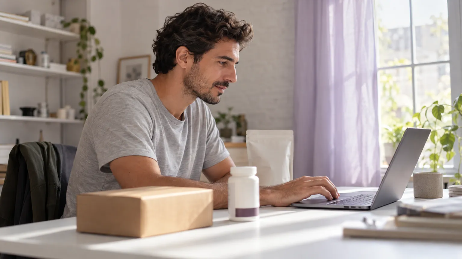 Supplement brand founder managing online orders on a laptop, with a parcel and a supplement bottle on the desk