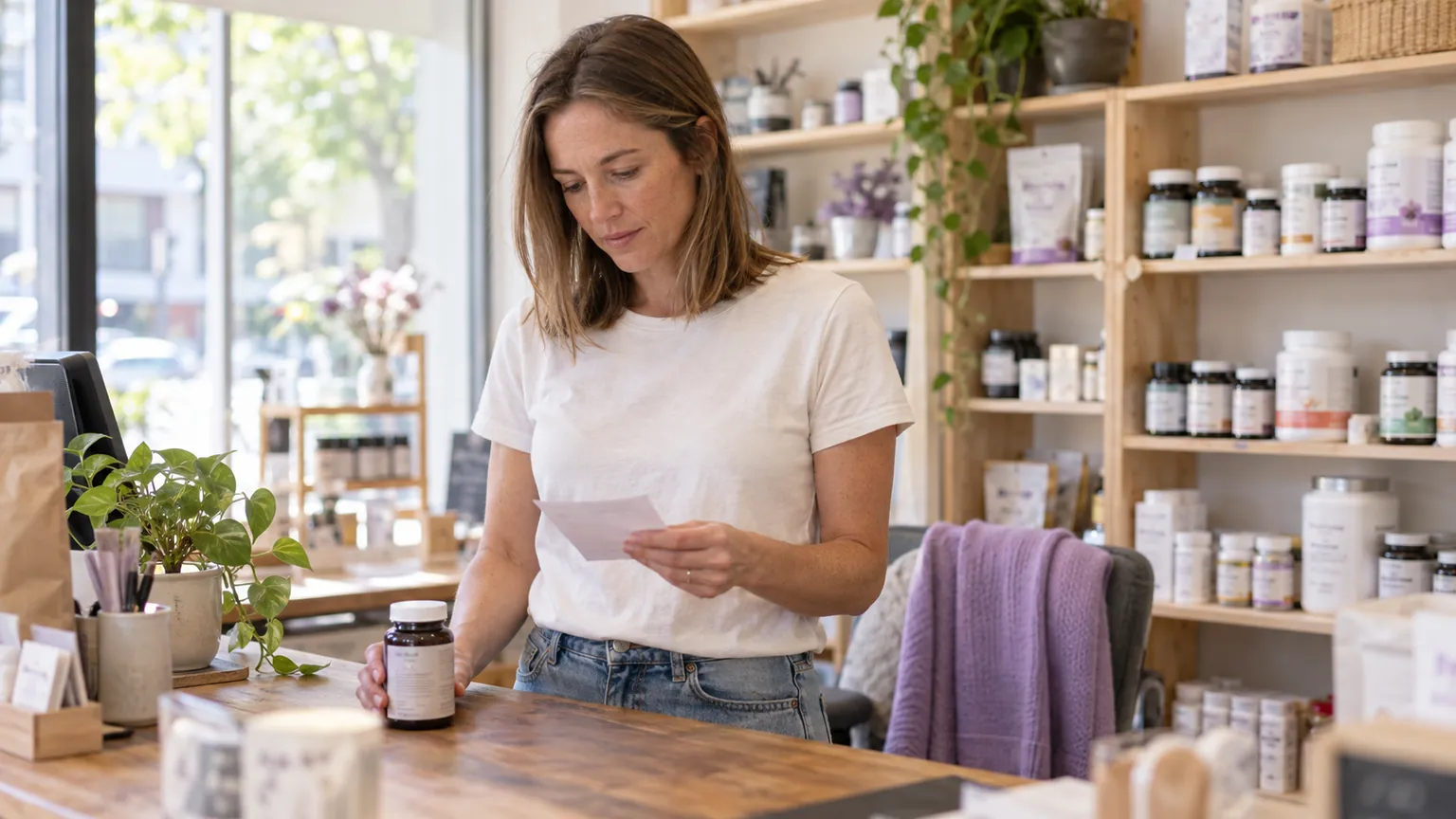 Supplement shop owner reviewing an order slip at the counter, with supplement jars on the shelves behind her